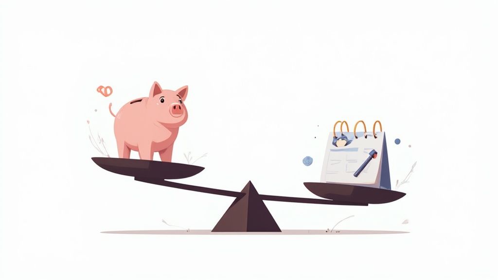 Une balance pèse une tirelire rose et un calendrier avec un stylo, symbolisant l'équilibre entre argent et temps.