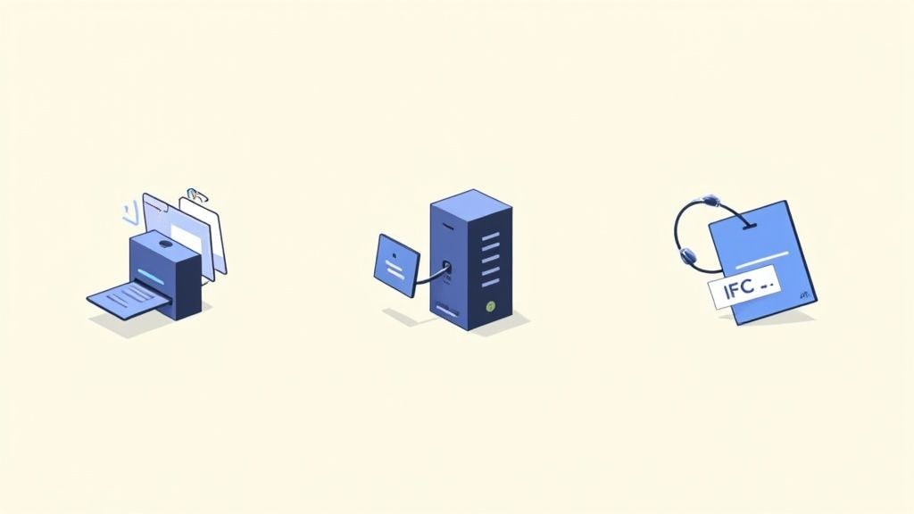 Trois illustrations : une imprimante avec documents, un serveur avec écran et un badge IFC.