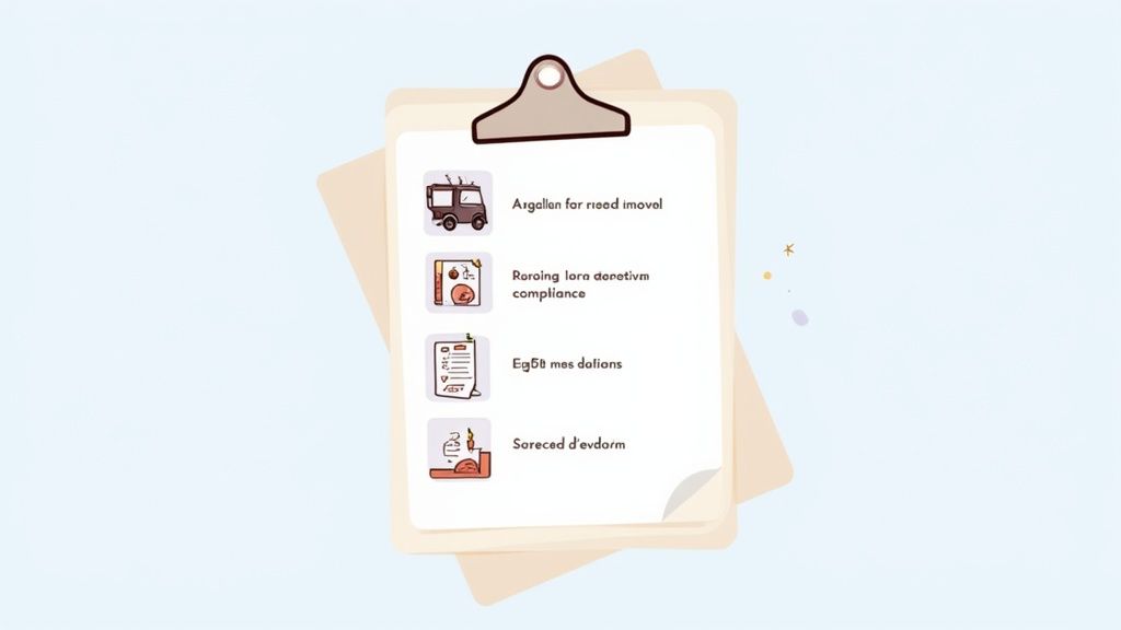 Un presse-papiers avec une liste de tâches illustrée par des icônes et du texte lisible.