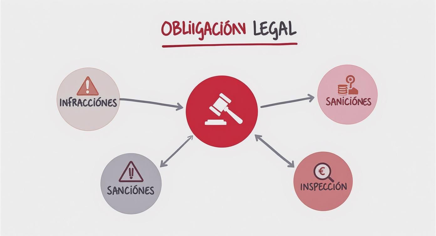 Diagrama conceptual sobre obligación legal, mostrando infracciones, sanciones e inspección con un martillo de juez en el centro.