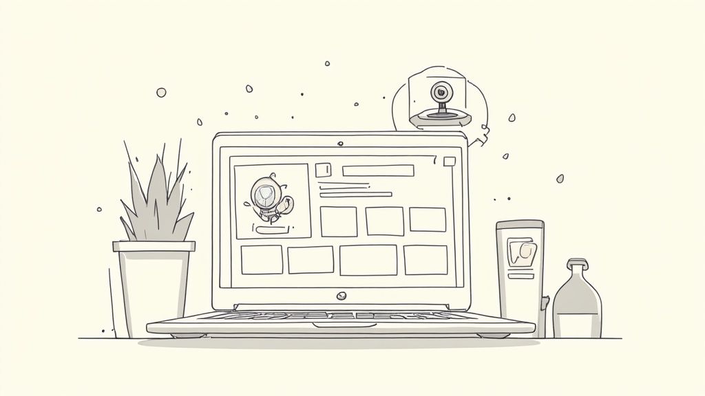 Un ordinateur portable affichant une page web, avec une plante en pot, une badgeuse et une bouteille sur un bureau épuré.