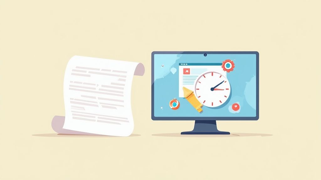 Document papier à côté d'un moniteur d'ordinateur affichant une horloge, une fusée et des icônes de productivité numérique.