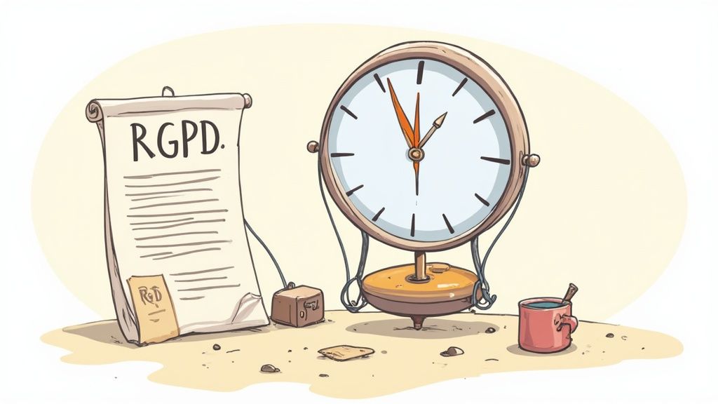 Illustration d'un document RGPD et d'une horloge, symbolisant l'urgence et la conformité aux règlements.