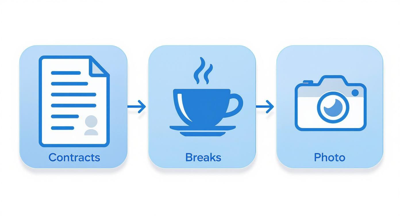 Une illustration d'un flux de travail montrant les étapes Contrats, Pauses et Photo avec des icônes bleues.