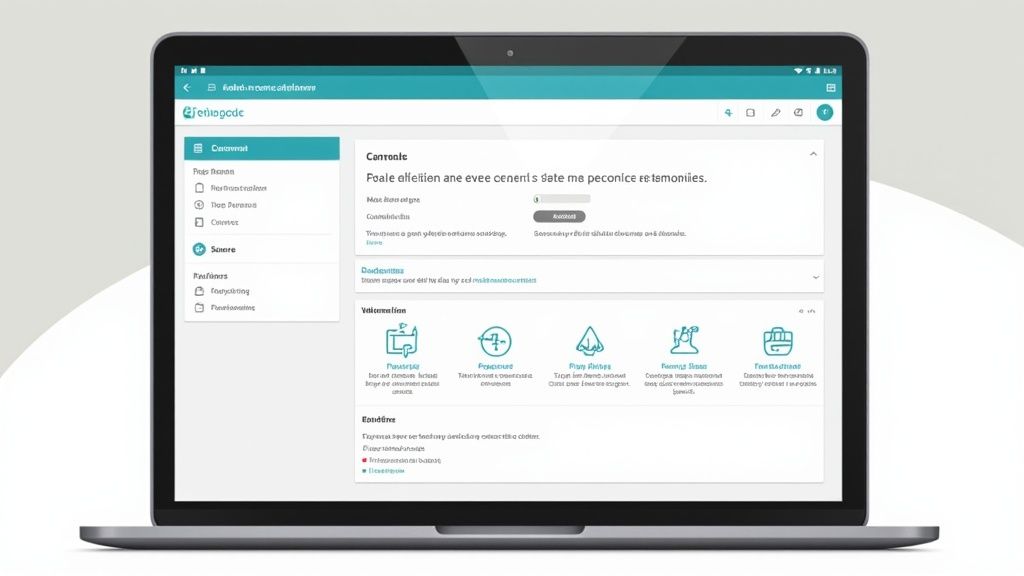 Un ordinateur portable affiche une application web avec un tableau de bord et des formulaires interactifs.