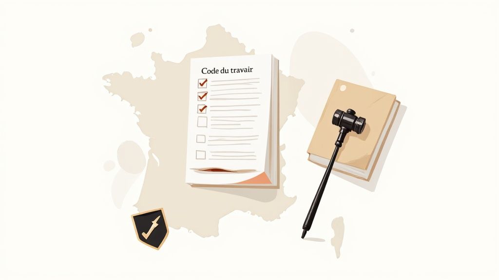 Carte de la France avec le Code du travail, des livres et un maillet symbolisant la législation.