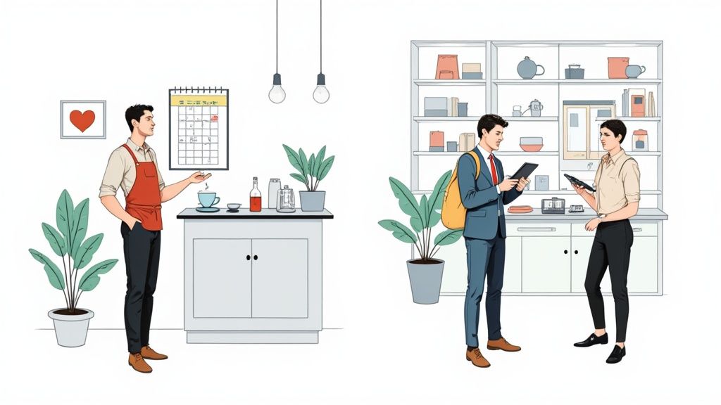 Deux scènes montrant un barista à son comptoir et deux collègues discutant avec des tablettes dans un bureau.