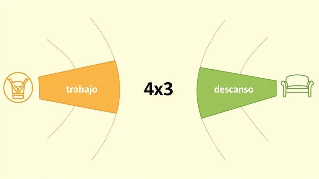 Diagrama que ilustra una distribución de tiempo 4x3 entre trabajo y descanso, representado con iconos.