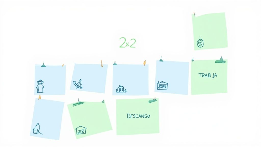 Notas adhesivas con iconos y texto 'TRABAJA' y 'DESCANSO' que ilustran un horario de turnos.