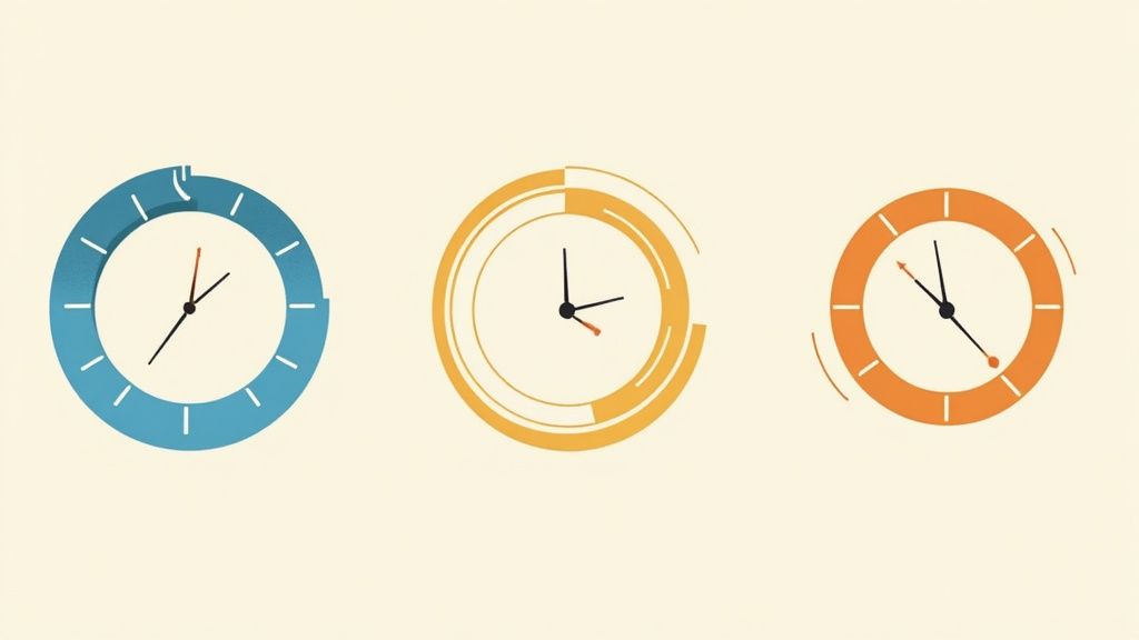 Tres relojes coloridos con elementos gráficos animados que simbolizan el paso del tiempo y la gestión.