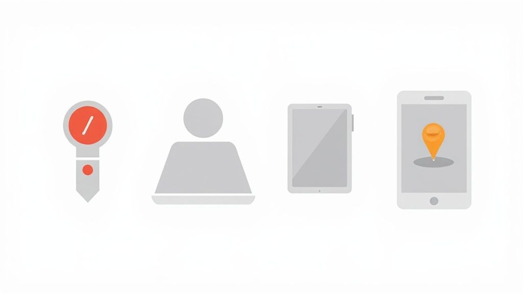 Illustration de symboles d'entreprise : pointeuse, personne, tablette et smartphone avec géolocalisation.