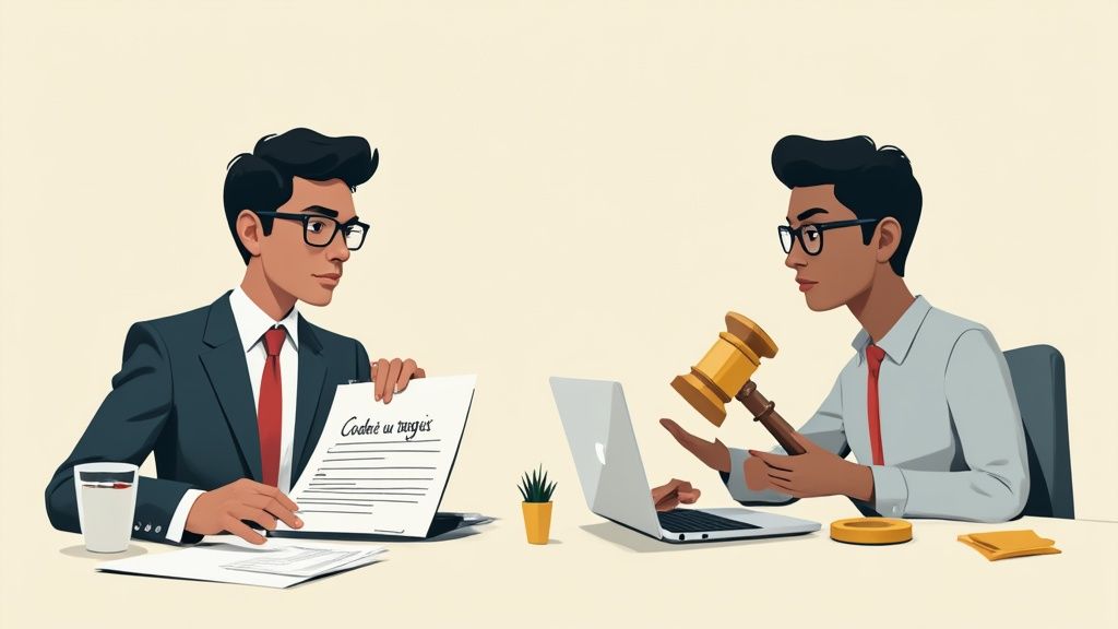 Deux hommes professionnels en lunettes travaillant sur des documents et un ordinateur portable, l'un tenant un marteau de juge, symbolisant la justice ou les affaires juridiques.
