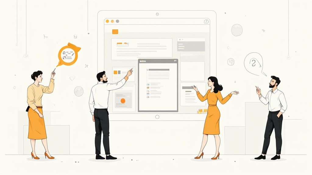 Quatre personnes collaborent et interagissent avec une grande interface numérique affichant des éléments d'interface utilisateur pour un projet d'entreprise.