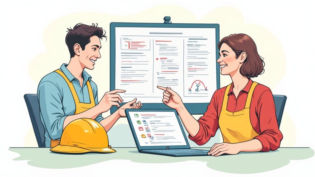 Deux collègues souriants en tablier discutent et pointent un écran de suivi et un ordinateur portable, avec un casque.