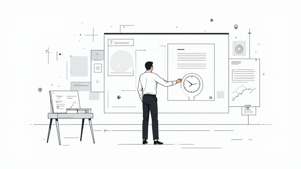 Un homme d'affaires interagit avec un grand écran tactile affichant une horloge et des documents de gestion.