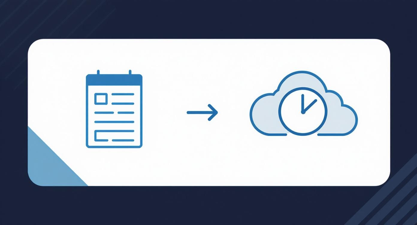 Icono de calendario/documento con un checkbox y texto que apunta a una nube con un reloj, representando el registro de tiempo.