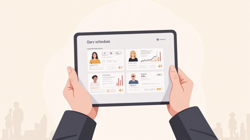 Manos sosteniendo una tablet que muestra un dashboard de gestión de horario y perfiles de empleados.