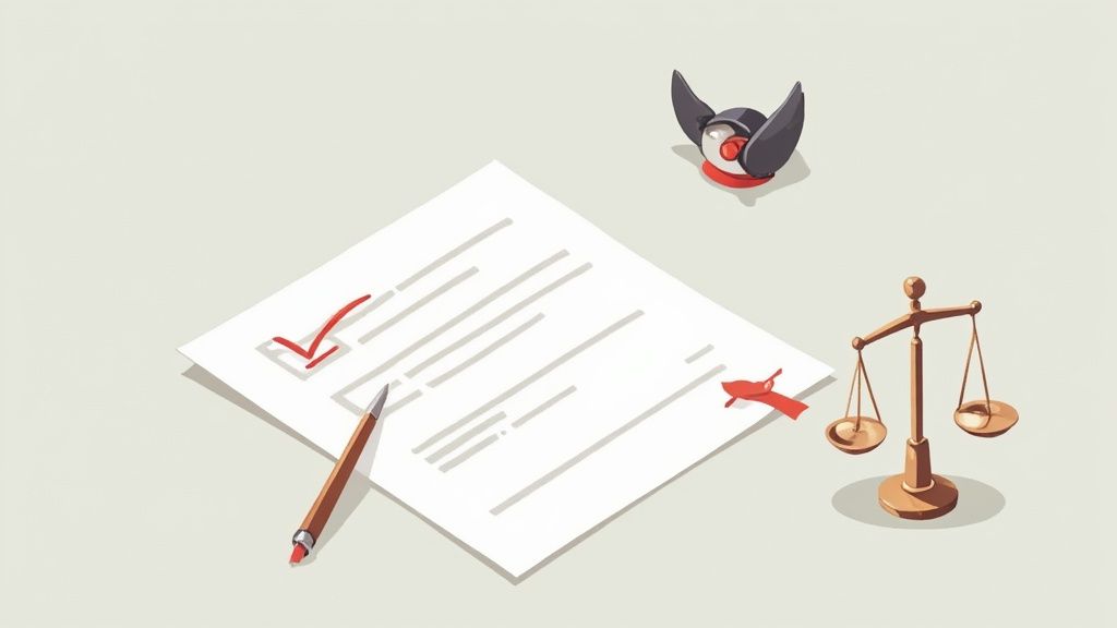 Un document avec une coche rouge, un stylo, un sceau de cire rouge, une balance de justice et une caméra de sécurité.