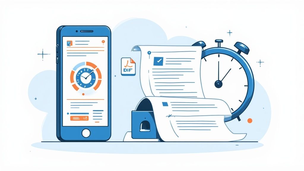 Smartphone affichant un suivi de temps, documents numériques et physiques, et horloge pour la gestion.