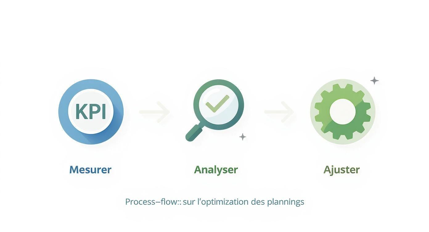 Diagramme de processus montrant l'optimisation des plannings en trois étapes: Mesurer les KPI, Analyser les données et Ajuster.