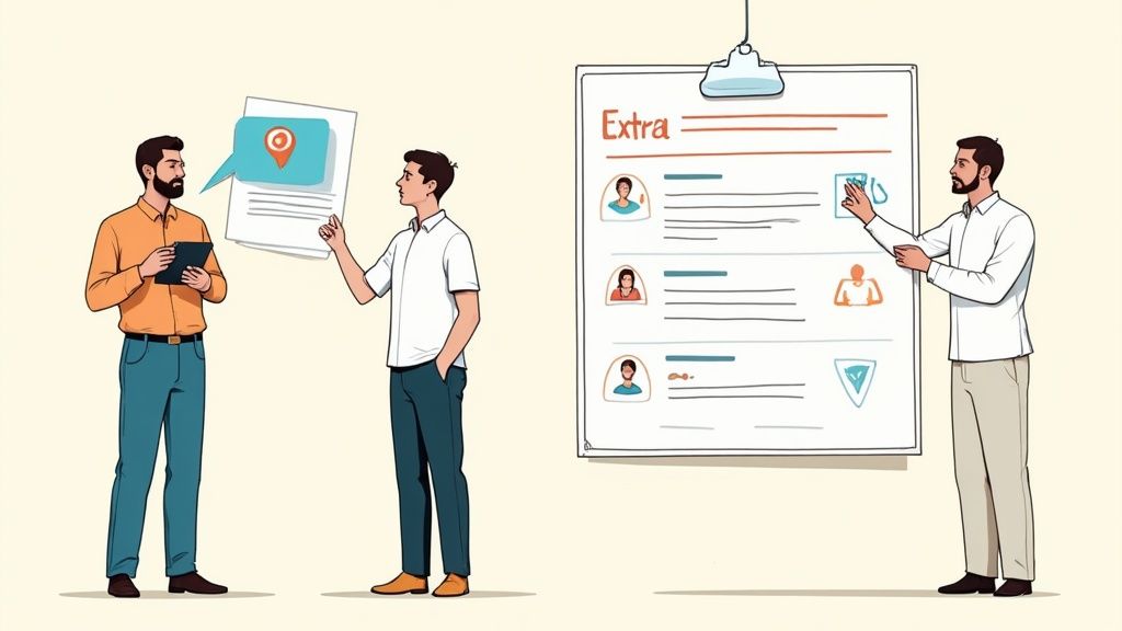 Des hommes discutent et organisent des plannings sur un tableau blanc, symbolisant la gestion d'équipe.