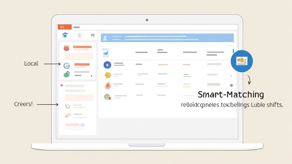Écran d'ordinateur portable affichant une interface de gestion de plannings avec des fonctions locales et de correspondance intelligente.