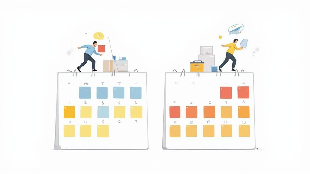 Dos hombres organizan tareas y objetos en calendarios, representando gestión del tiempo y carga de trabajo.