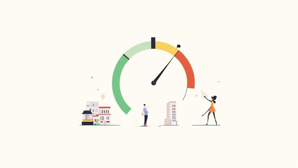 Jauge de performance avec aiguille dans la zone rouge, entourée de bâtiments et de personnes, illustrant un indicateur élevé.