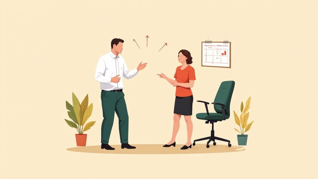 Deux collègues discutent dans un bureau moderne avec des flèches de croissance, une chaise et des plantes.