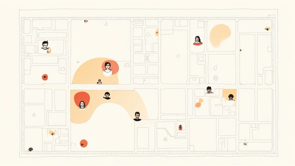Plan schématique d'un espace avec des visages de personnes et des zones colorées indiquant des interactions.