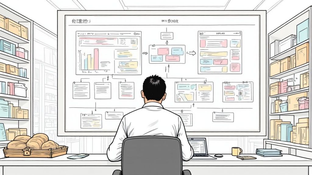 Un homme regarde un grand tableau blanc affichant des plans et des diagrammes de supermarché.