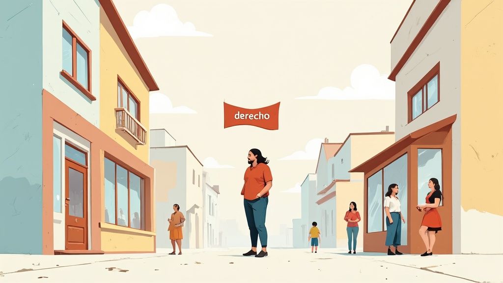 Una calle con personas de pie, edificios coloridos y una bandera roja con la palabra "derecho".