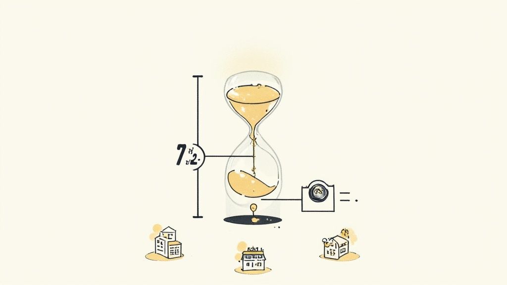 Illustration d'un sablier représentant le temps qui passe, avec l'indication numérique 7¾, une caméra et des bâtiments.