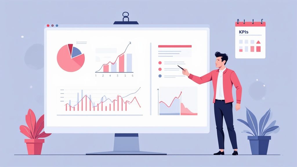 Un homme présente des données et graphiques sur un grand écran, avec des indicateurs de performance.