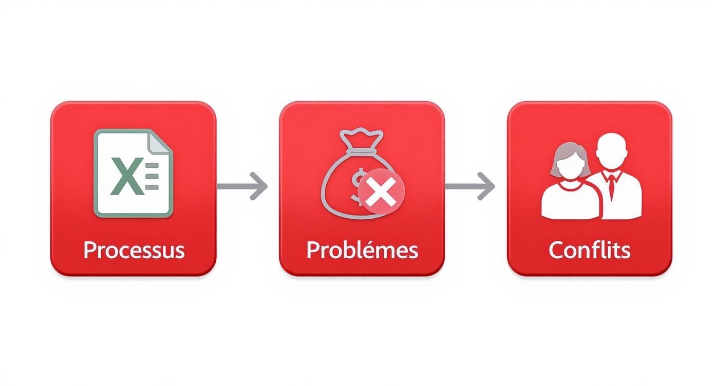 Infographie montrant comment des processus inefficaces peuvent entraîner des problèmes financiers et des conflits humains.