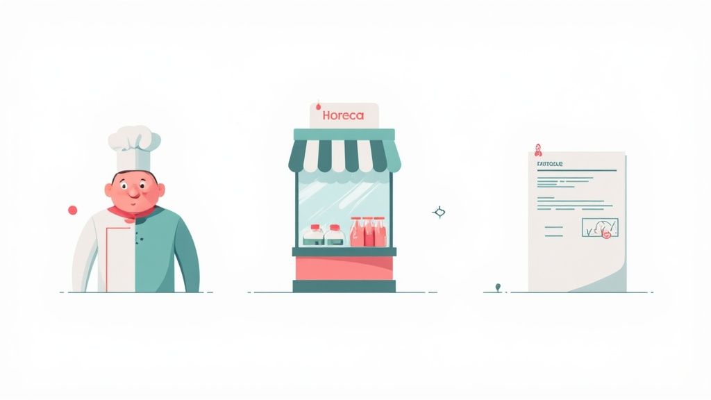 Illustration montrant un chef, un stand Horeca avec des produits et un document lié à la gestion.