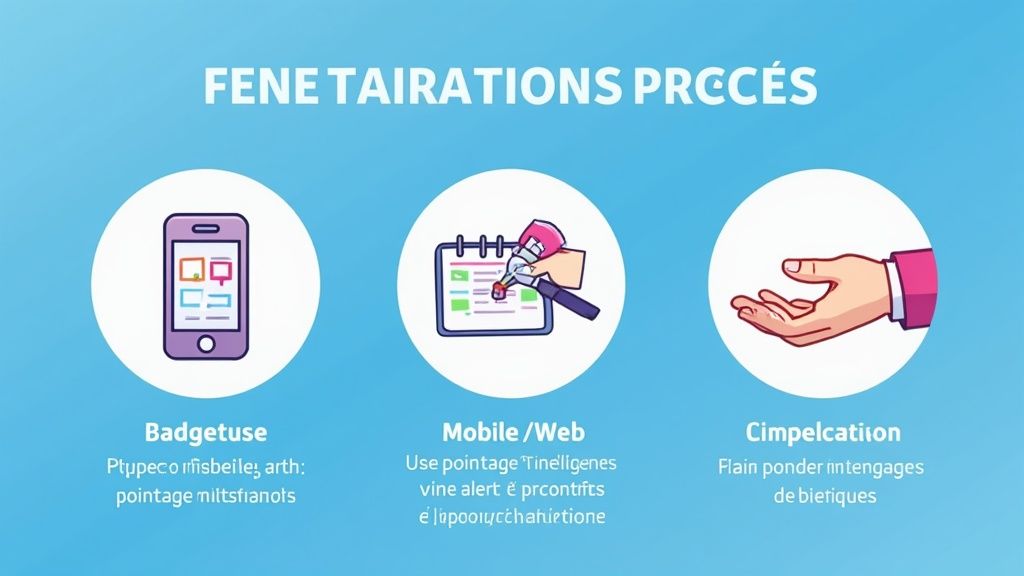 Illustration montrant trois méthodes de gestion : une application mobile, un calendrier et une main tendue.