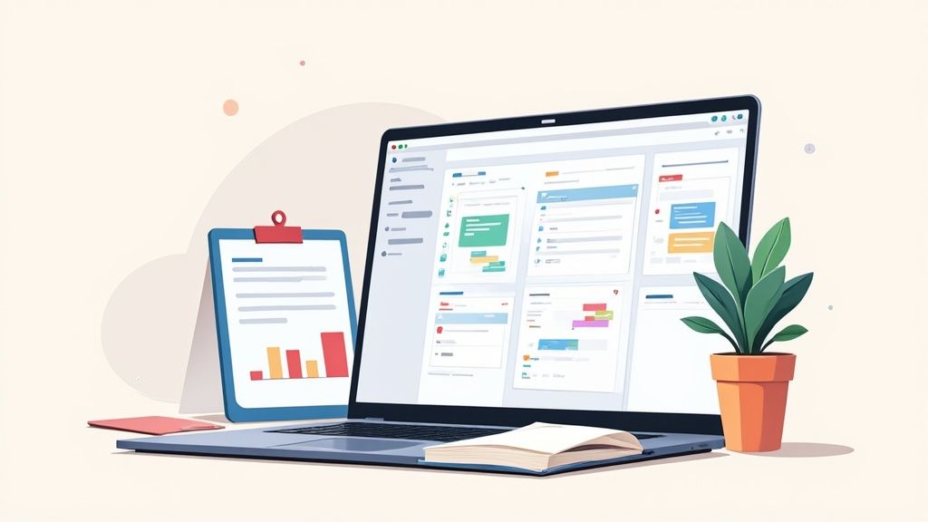 Un ordinateur portable affichant un tableau de bord, un presse-papiers avec un graphique, une plante et un livre sur un bureau.