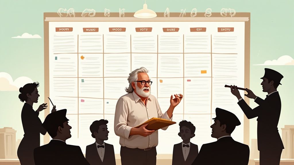 Un groupe diversifié de personnes, dont un homme barbu, discute devant un grand tableau de planification ou calendrier.