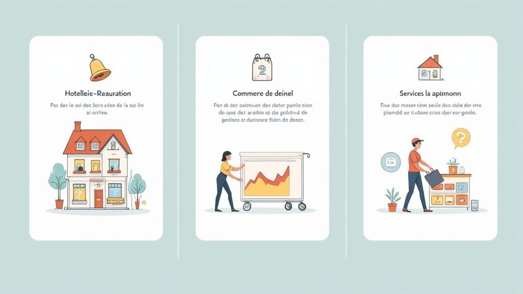 Trois illustrations distinctes représentant l'hôtellerie, le commerce et les services avec des icônes descriptives.
