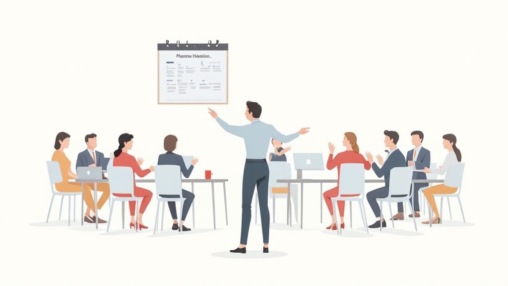 Une réunion d'affaires où un homme présente devant une équipe assise et un planning mural.