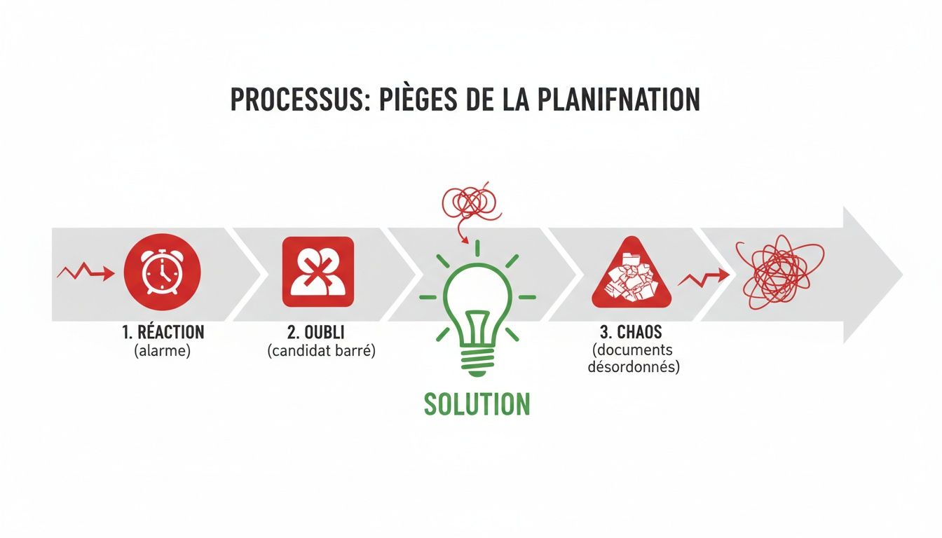 Diagramme de processus montrant les pièges de la planification : réaction (alarme), oubli, chaos (documents désordonnés), avec une solution symbolisée par une ampoule lumineuse.