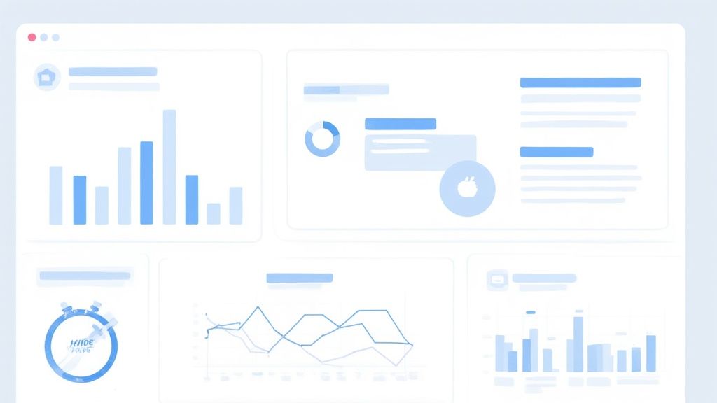 Panel de control digital con gráficos de barras, líneas y otros datos visuales para gestión.