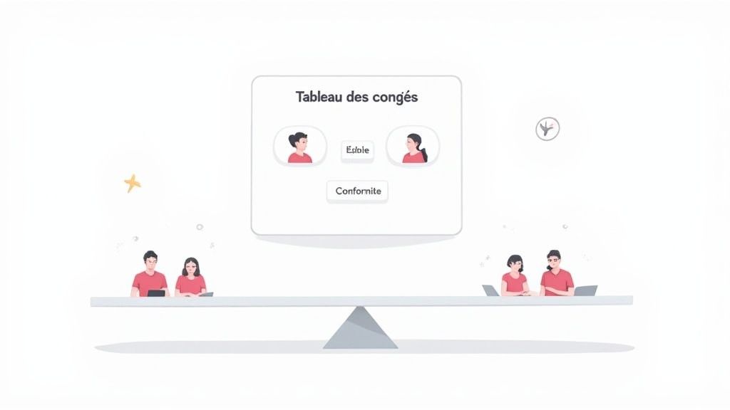 Représentation graphique de la gestion équitable des congés avec un tableau de bord et une balance.