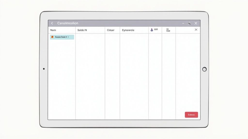 Tablette affichant un tableau de gestion avec des colonnes de données et un bouton rouge.