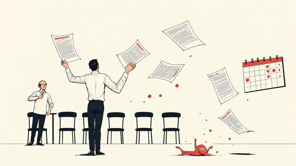 Homme débordé jetant des documents en l'air, avec calendrier et figure au sol, évoquant le stress des congés.