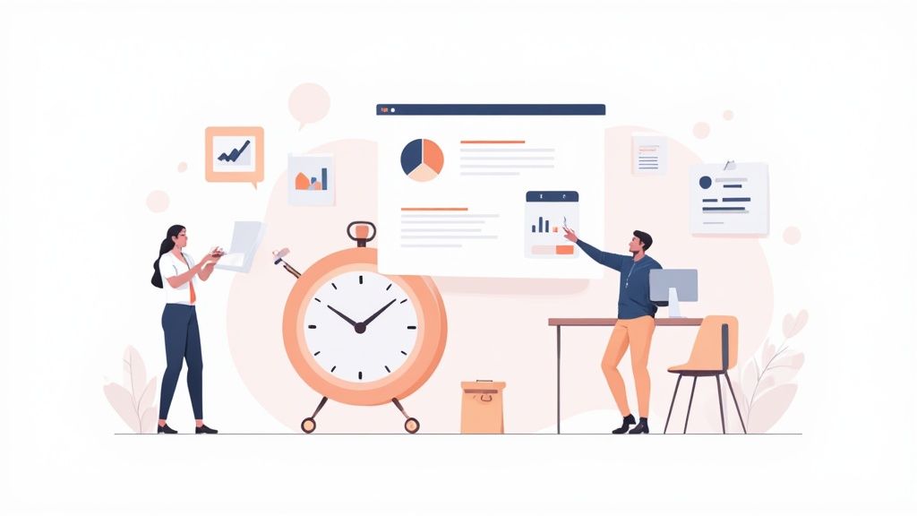 Deux personnes gèrent des tâches et le temps autour d'un grand réveil, utilisant un tableau de bord numérique avec des graphiques.