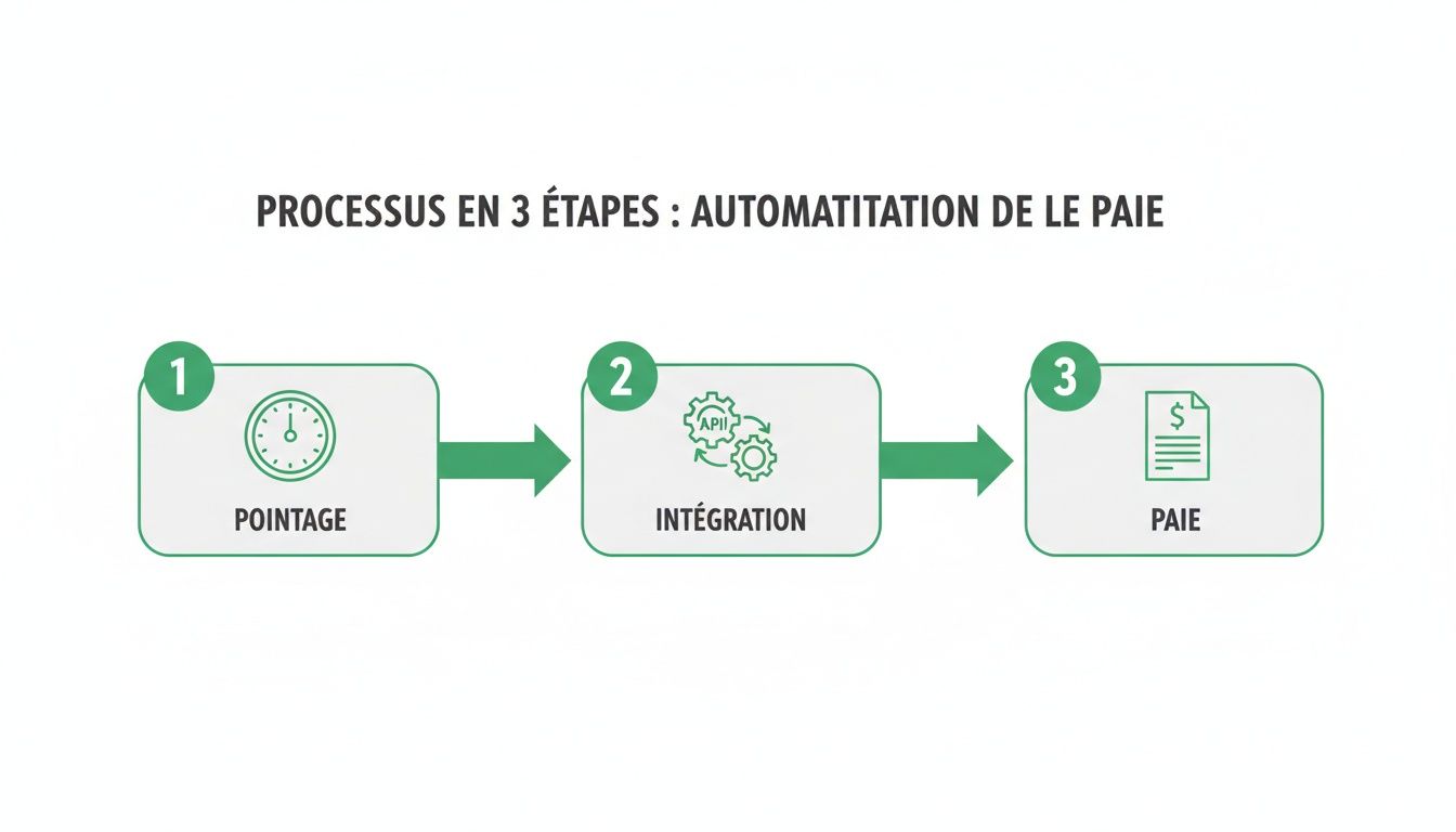 Infographie illustrant le processus en 3 étapes d'automatisation de la paie: pointage, intégration et paie.