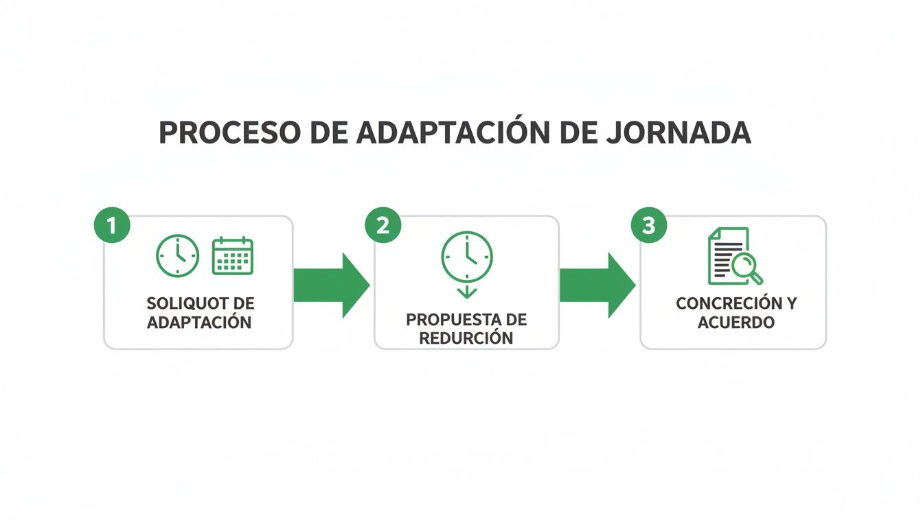 Diagrama que ilustra los tres pasos del proceso para la adaptación y reducción de la jornada laboral.