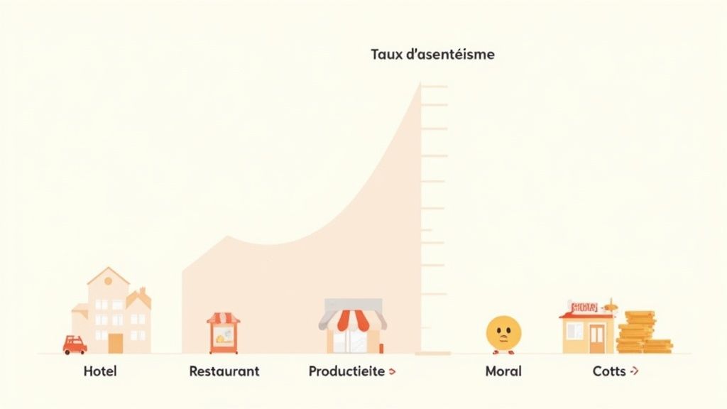 Un graphique illustre l'augmentation du taux d'absentéisme, affectant l'hôtel, le restaurant, la productivité, le moral et les coûts.